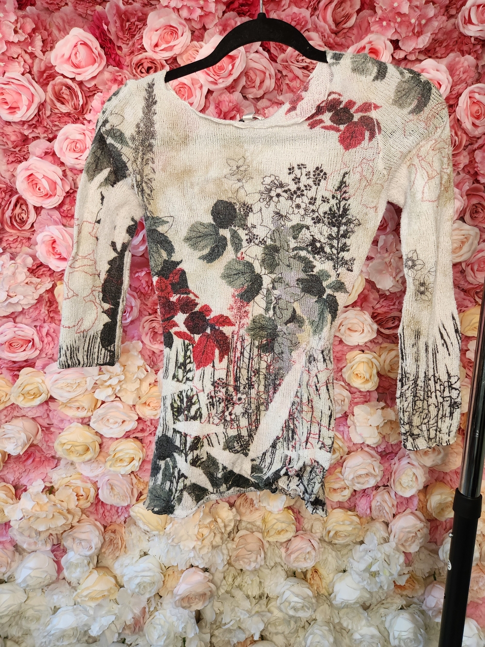 Cache Floral Boatneck Knit Top in Cream, Red & Green